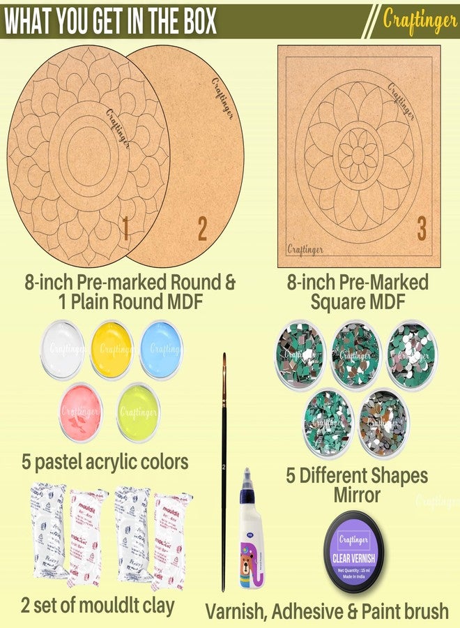 Craftinger مجموعة كرافتينجر برو ليبان الفنية مقاس 8 بوصات لتزيين منزلك بنفسك، تتضمن أشكال MDF محددة مسبقًا، وألوان أكريليك، ومرايا، متعددة الألوان - Image 3